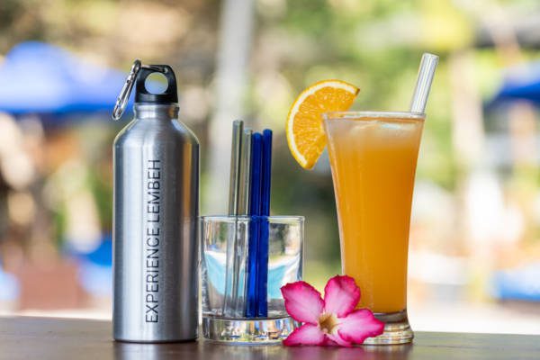 Reusable water bottles and glass drinking straws