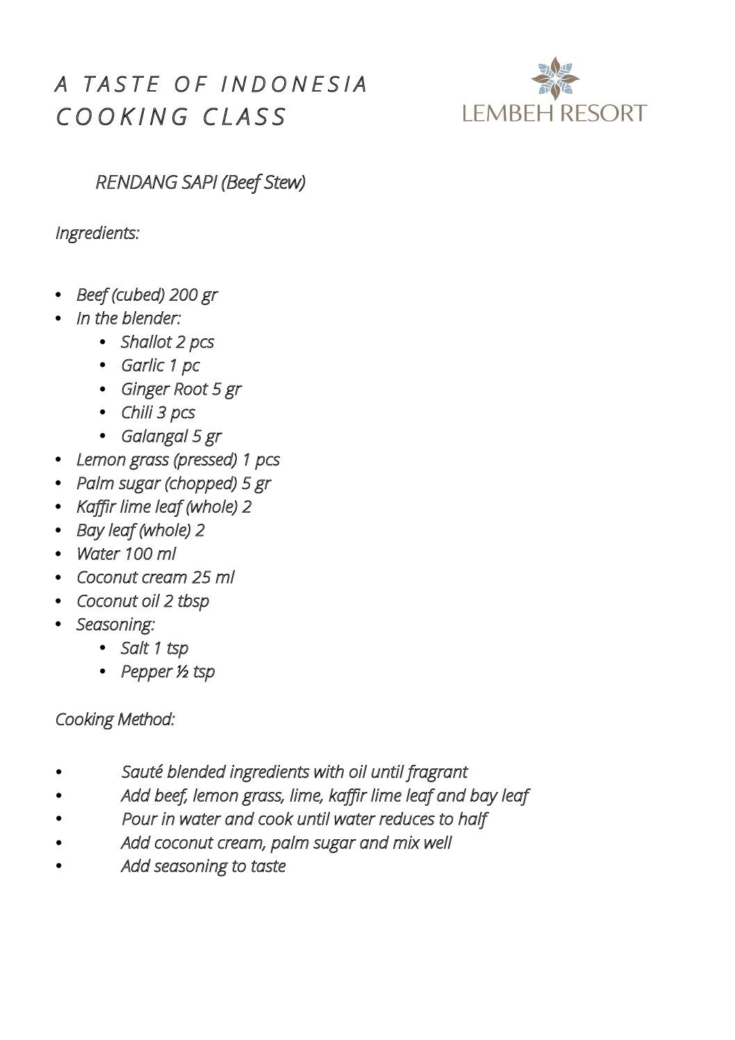 Rendang Recipe Lembeh Resort